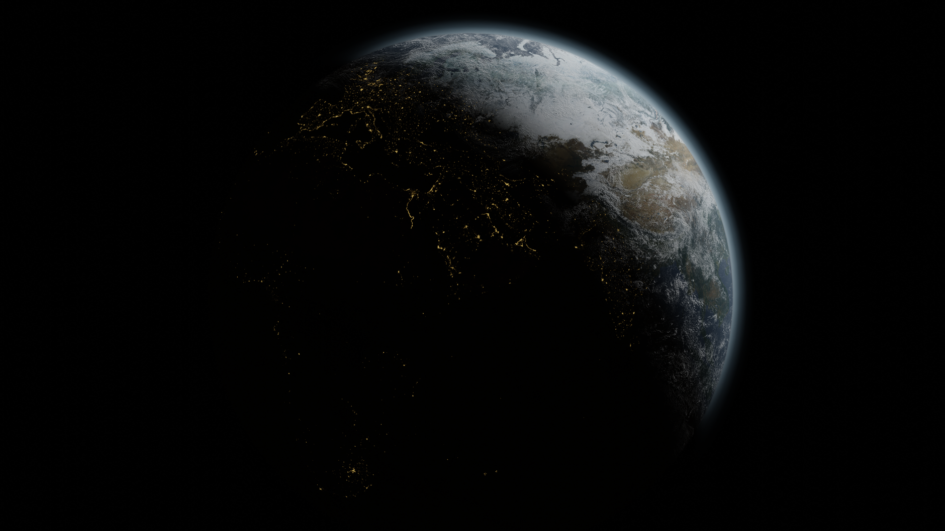 A breathtaking night view of Earth showing glowing city lights from space.